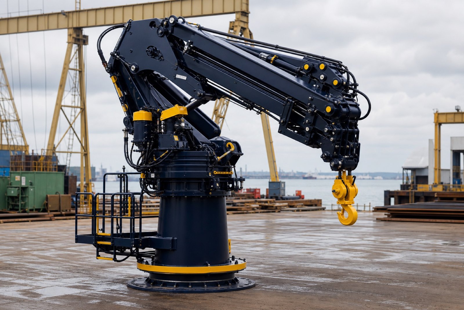 Refurbished navy knuckle-boom marine crane in a shipyard